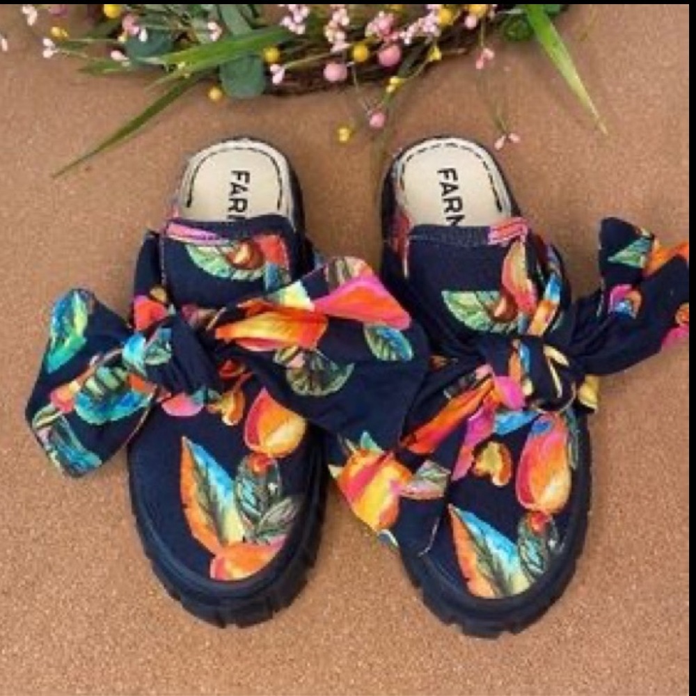 FARM Rio Navy Floral Bow Mules with Multicolor Fruit Print